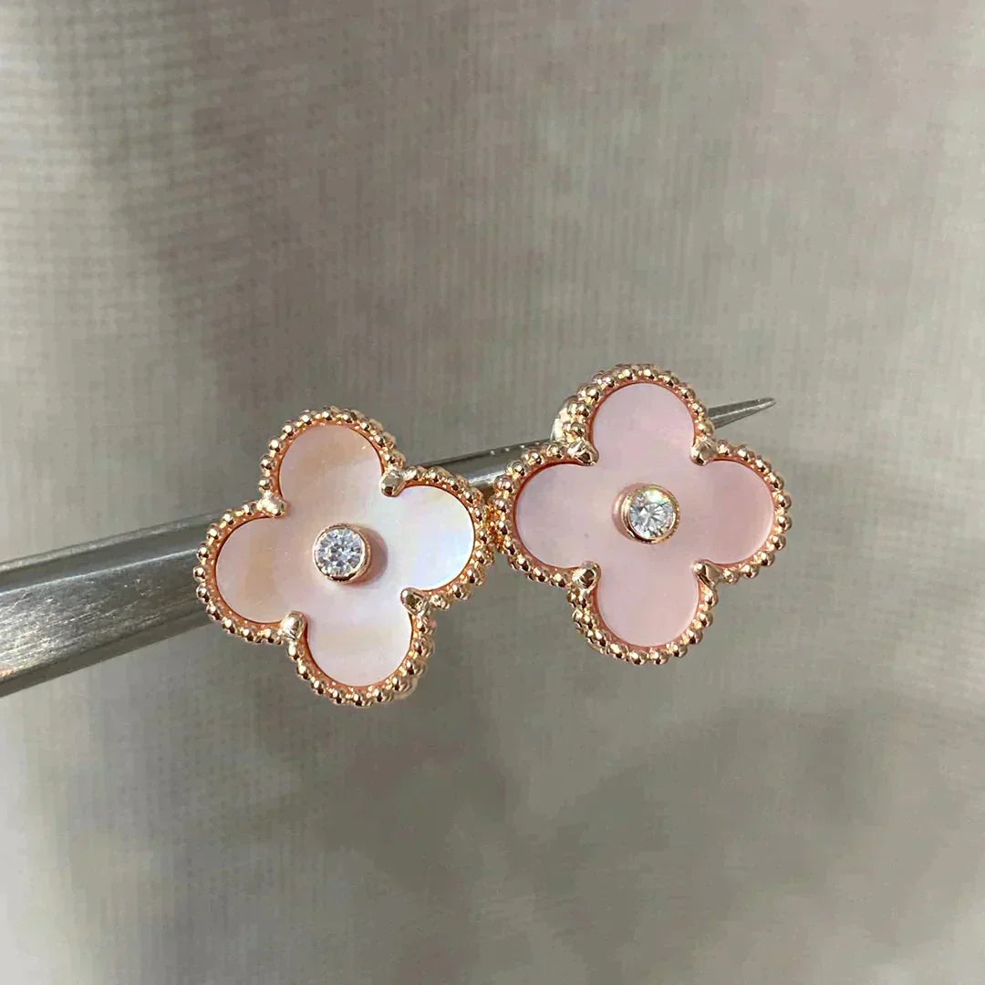 [Luxery]CLOVER MEDIUM 1 MOTIFS  PINK MOP DIAMOND EARRINGS