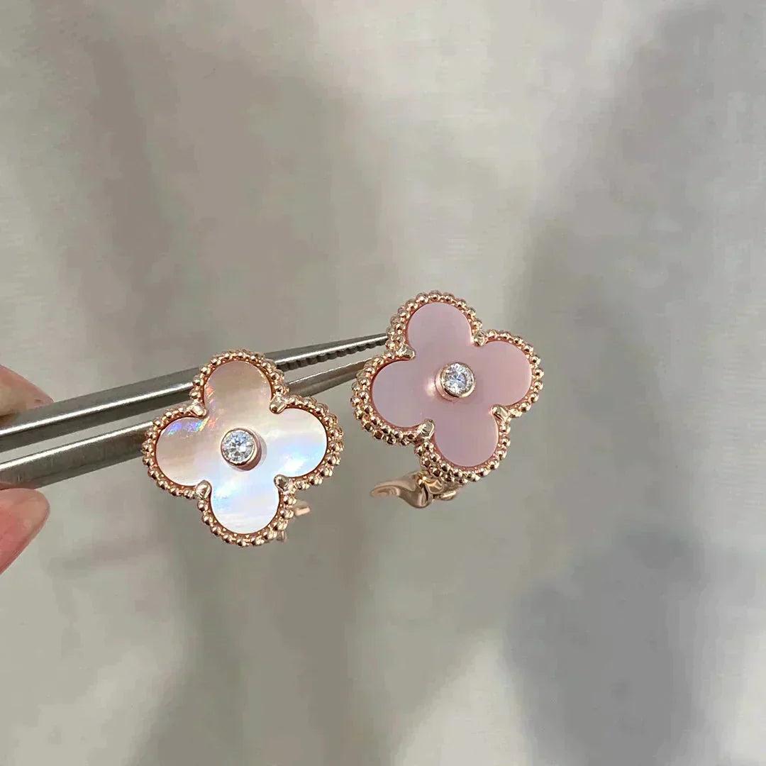 [Luxery]CLOVER MEDIUM 1 MOTIFS  PINK MOP DIAMOND EARRINGS