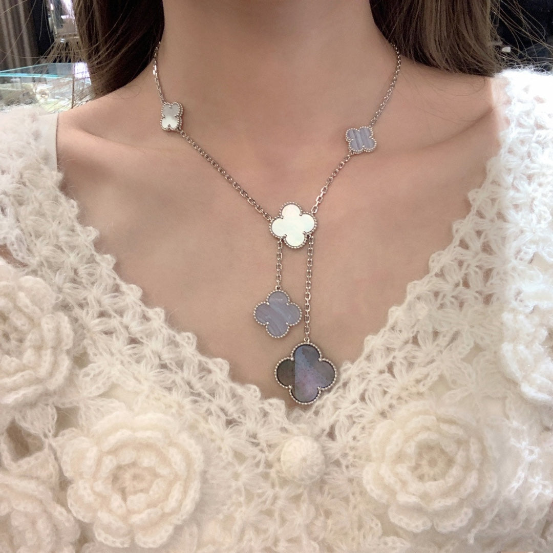 [Luxery]CLOVER MOP CHALCEDONY NECKLACE SILVER 6 MOTIF