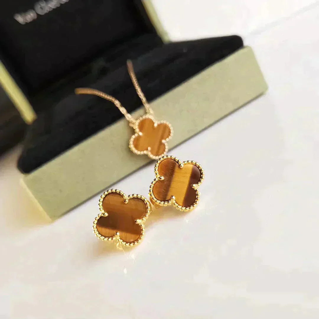 [Luxery]CLOVER MEDIUM 1 MOTIFS TIGER EYE EARRINGS