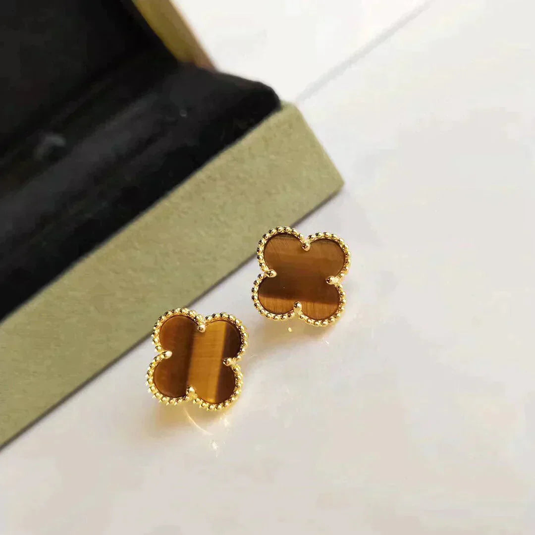 [Luxery]CLOVER MEDIUM 1 MOTIFS TIGER EYE EARRINGS