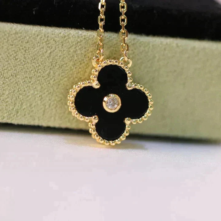 [Luxery]CLOVER 15MM DIAMOND ONYX NECKLACE