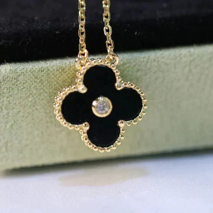[Luxery]CLOVER 15MM DIAMOND ONYX NECKLACE