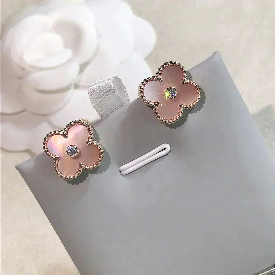 [Luxery]CLOVER MEDIUM 1 MOTIFS  PINK MOP DIAMOND EARRINGS