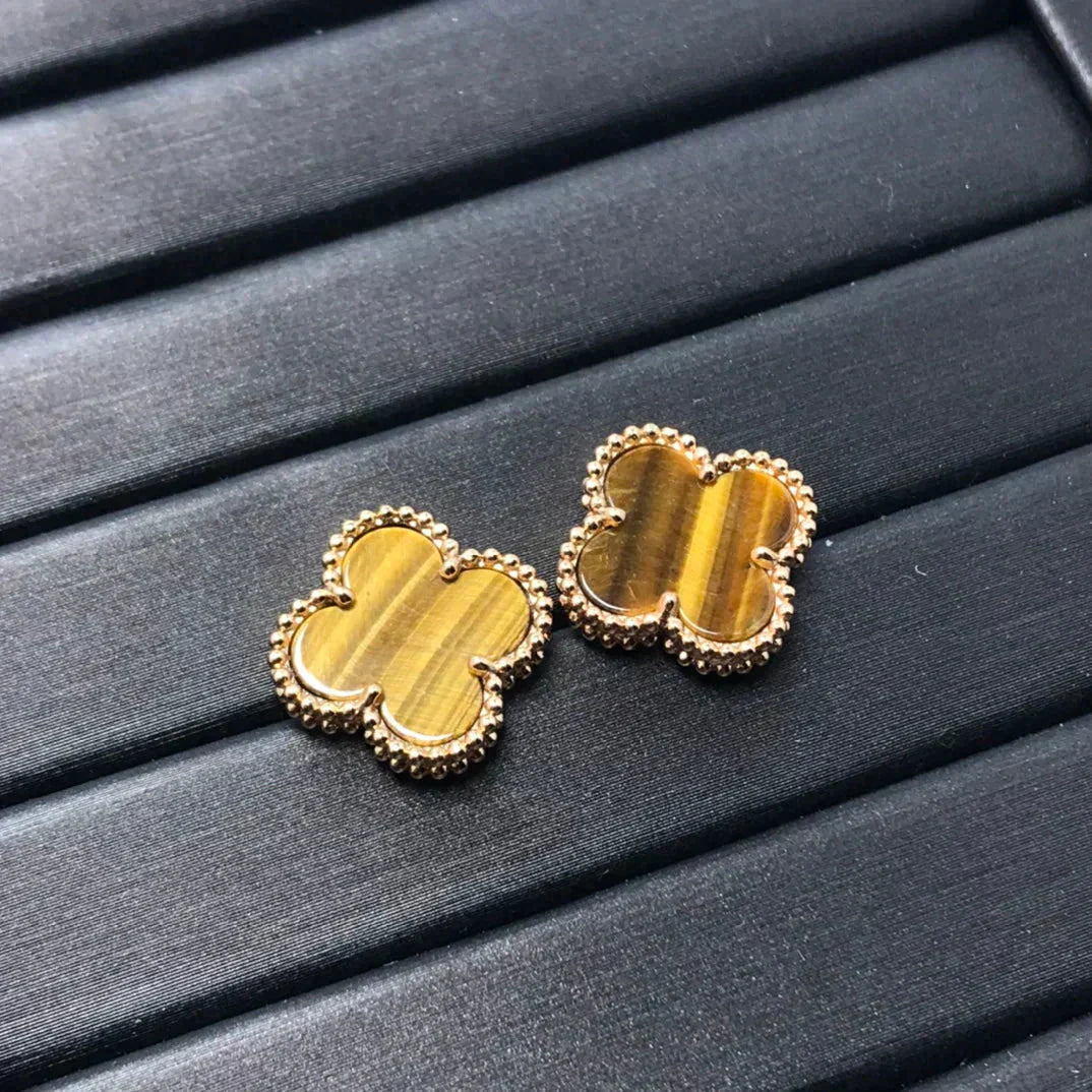 [Luxery]CLOVER MEDIUM 1 MOTIFS TIGER EYE EARRINGS