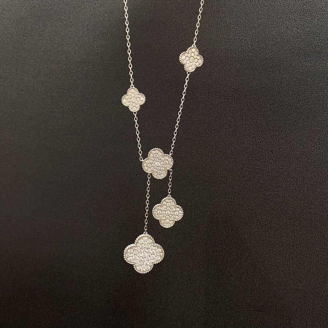 [Luxery]CLOVER 5 MOTIFS SILVER DIAMONDS NECKLACE