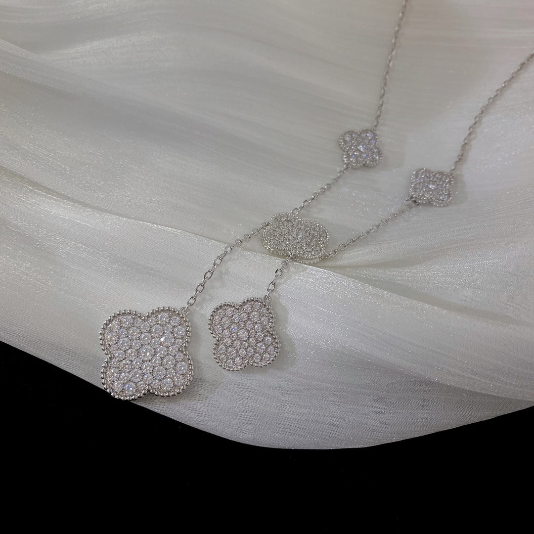 [Luxery]CLOVER 5 MOTIFS SILVER DIAMONDS NECKLACE