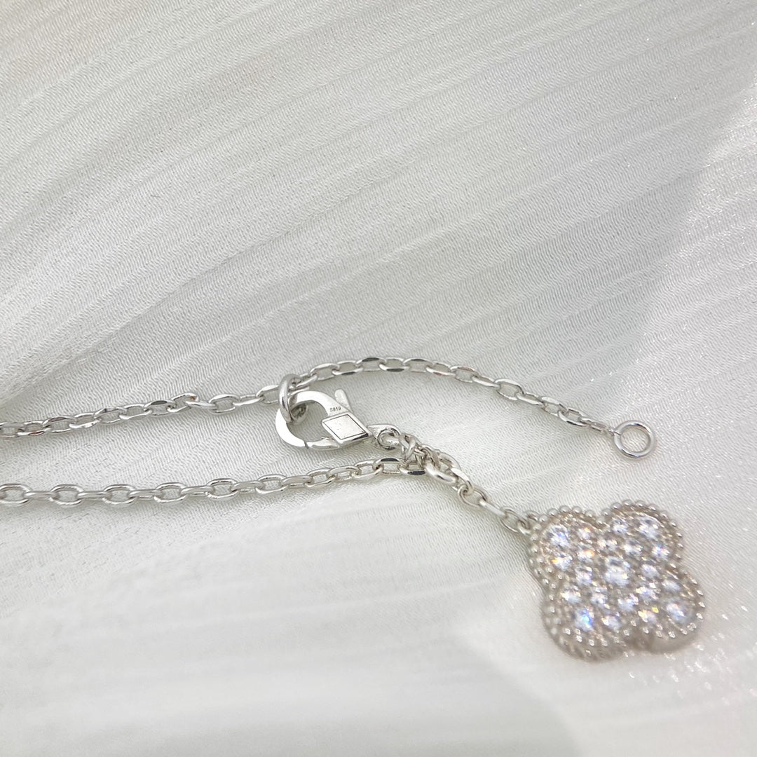 [Luxery]CLOVER 5 MOTIFS SILVER DIAMONDS NECKLACE