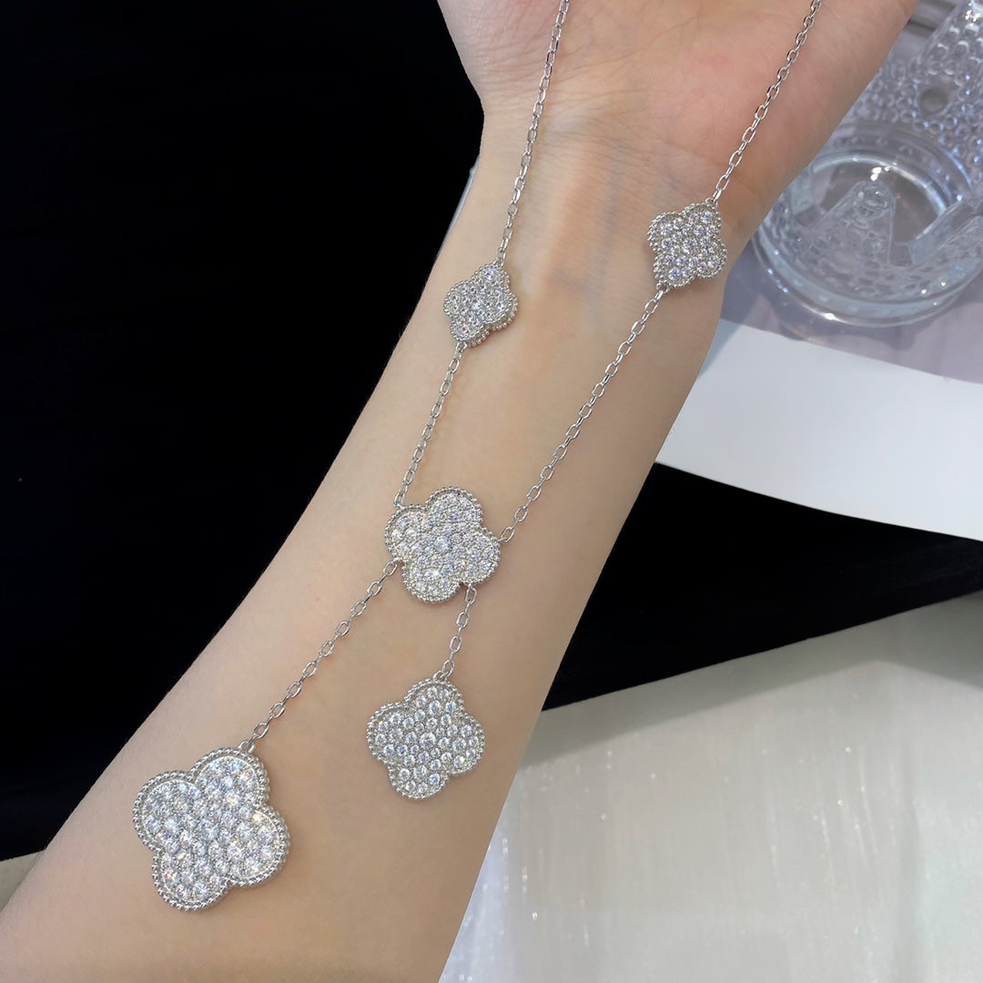 [Luxery]CLOVER 5 MOTIFS SILVER DIAMONDS NECKLACE