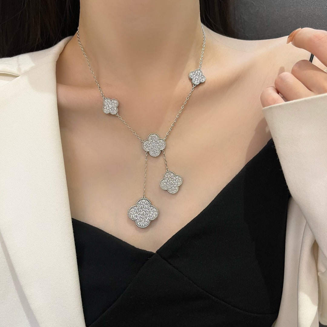 [Luxery]CLOVER 5 MOTIFS SILVER DIAMONDS NECKLACE