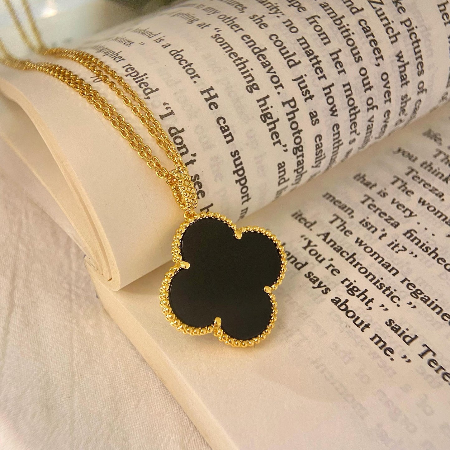 [Luxery]CLOVER 25MM NECKLACE GOLD ONYX