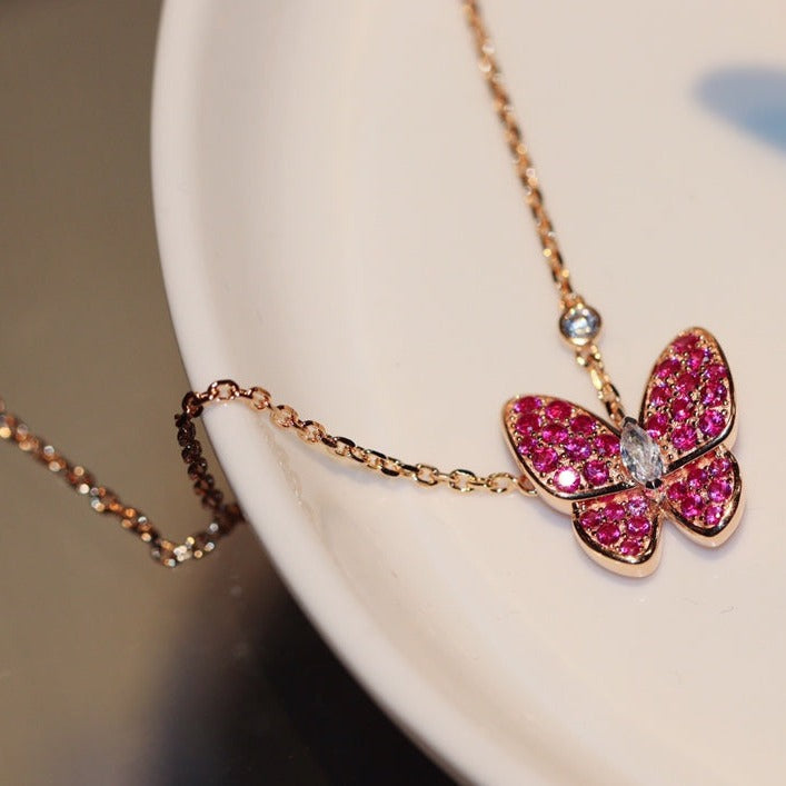 [Luxery]BUTTERFLY RED DIAMOND ROSE GOLD NECKLACE