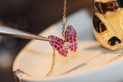 [Luxery]BUTTERFLY RED DIAMOND ROSE GOLD NECKLACE