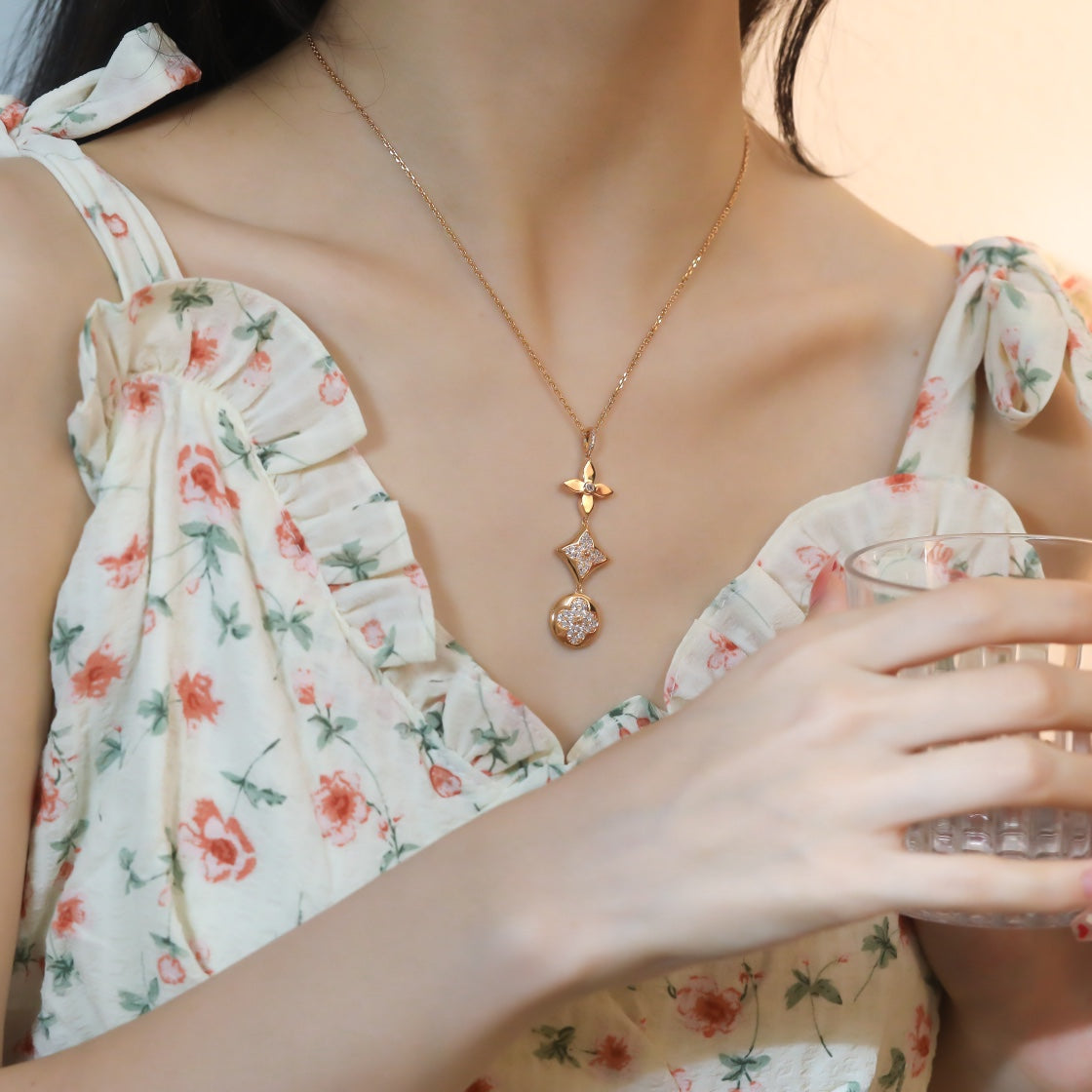 [Luxery]STAR AND SUN DIAMOND PINK GOLD NECKLACE