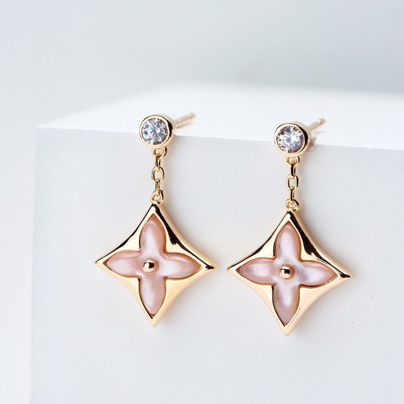 [Luxery]DOUBLE STAR PINK GOLD MOP DROP EARRINGS