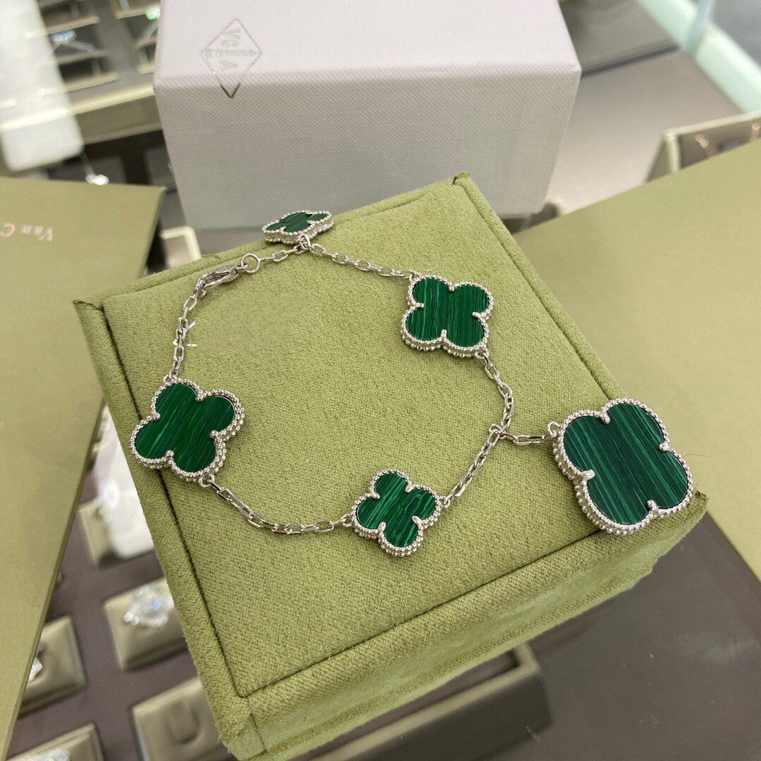 [Luxery]CLOVER 5 MOTIFS SIVLER MALACHITE BRACELET