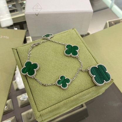 [Luxery]CLOVER 5 MOTIFS SIVLER MALACHITE BRACELET