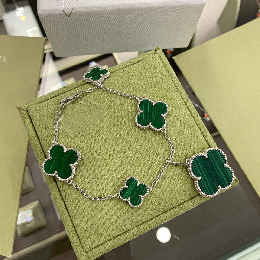 [Luxery]CLOVER 5 MOTIFS SIVLER MALACHITE BRACELET