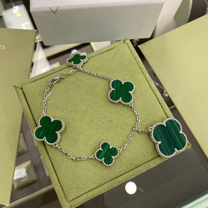 [Luxery]CLOVER 5 MOTIFS SIVLER MALACHITE BRACELET