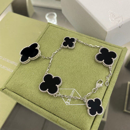 [Luxery]CLOVER 5 MOTIFS SIVLER ONYX BRACELET