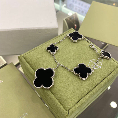 [Luxery]CLOVER 5 MOTIFS SIVLER ONYX BRACELET