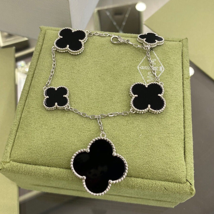 [Luxery]CLOVER 5 MOTIFS SIVLER ONYX BRACELET