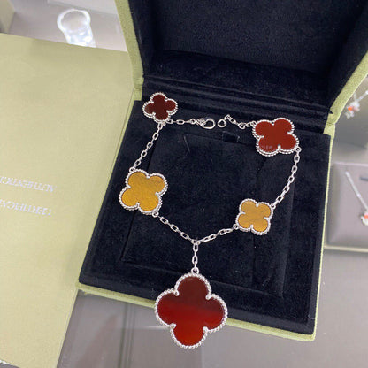 [Luxery]CLOVER 5 MOTIFS SIVLER CARNELIAN TIGER EYE BRACELET