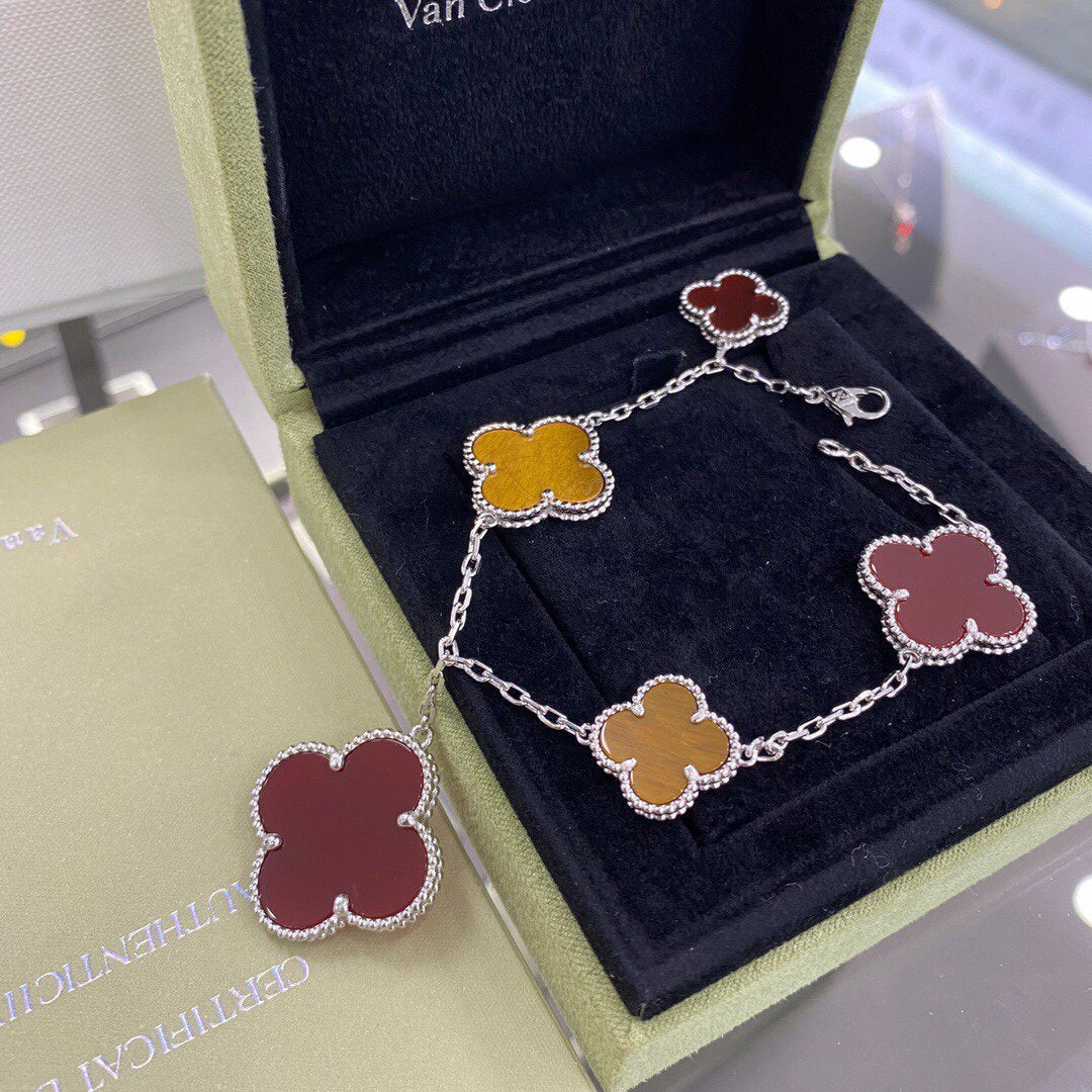 [Luxery]CLOVER 5 MOTIFS SIVLER CARNELIAN TIGER EYE BRACELET