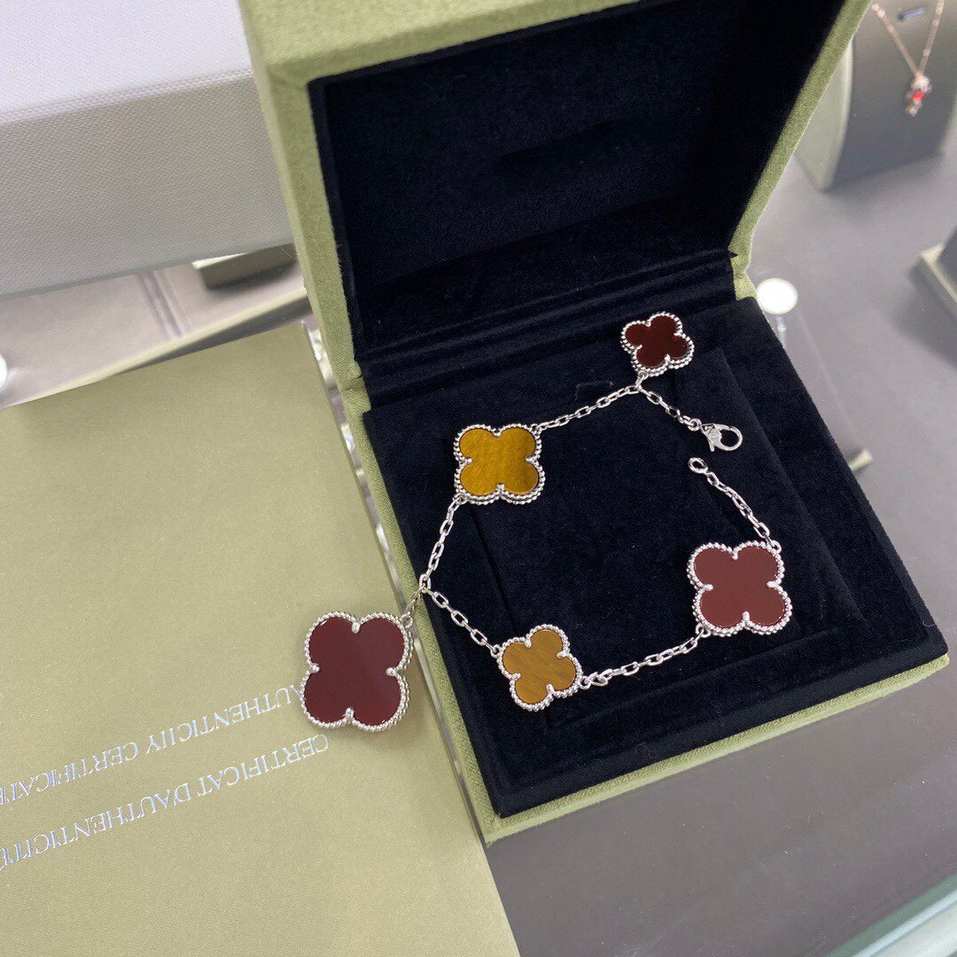[Luxery]CLOVER 5 MOTIFS SIVLER CARNELIAN TIGER EYE BRACELET