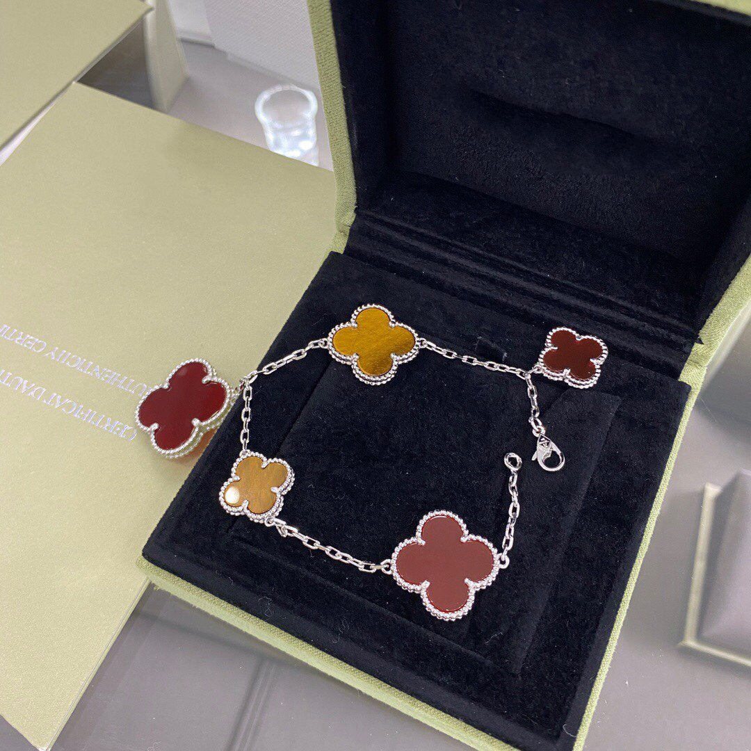 [Luxery]CLOVER 5 MOTIFS SIVLER CARNELIAN TIGER EYE BRACELET