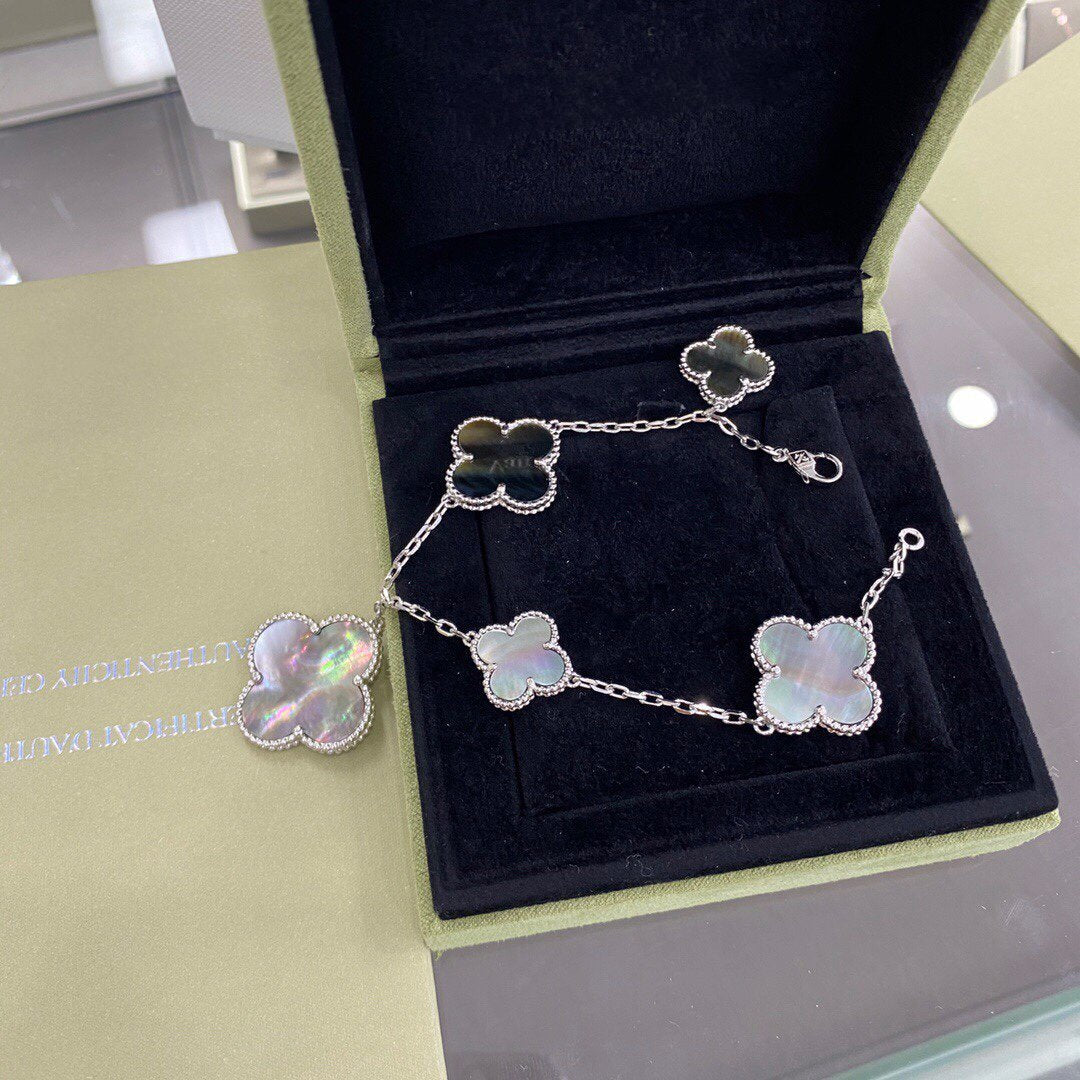[Luxery]CLOVER 5 MOTIFS SIVLER DARK MOP BRACELET