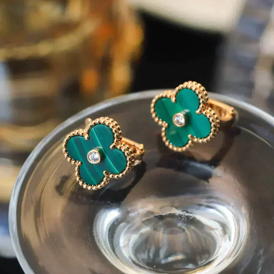 [Luxery]CLOVER MEDIUM 1 MOTIFS MALACHITE DIAMOND EARRINGS