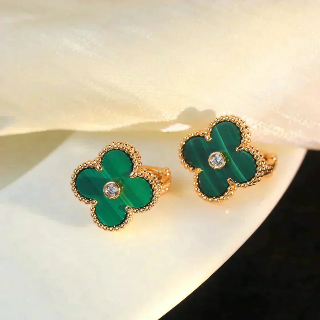 [Luxery]CLOVER MEDIUM 1 MOTIFS MALACHITE DIAMOND EARRINGS