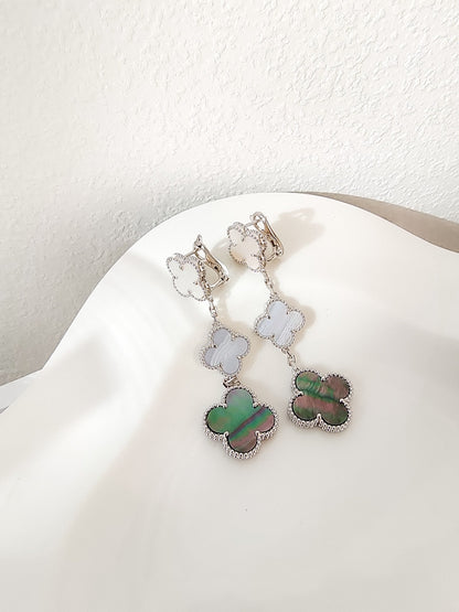 [Luxery]CLOVER 3 MOTIFS CHALCEDONY DARK MOP SILVER EARRINGS