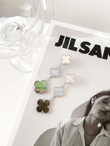 [Luxery]CLOVER 3 MOTIFS CHALCEDONY DARK MOP SILVER EARRINGS