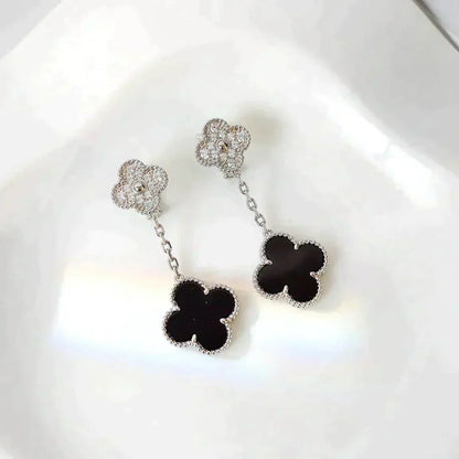 [Luxery]CLOVER 2 MOTIFS  DIAMOND ONYX EARRINGS SILVER