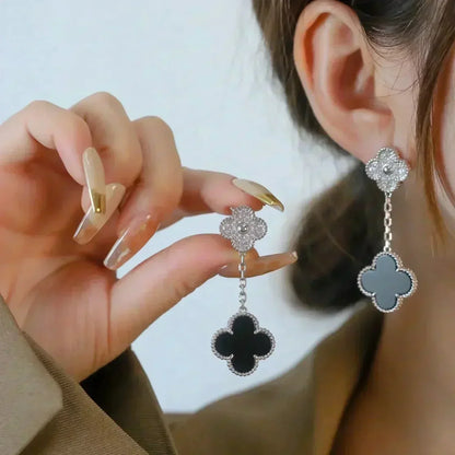 [Luxery]CLOVER 2 MOTIFS  DIAMOND ONYX EARRINGS SILVER