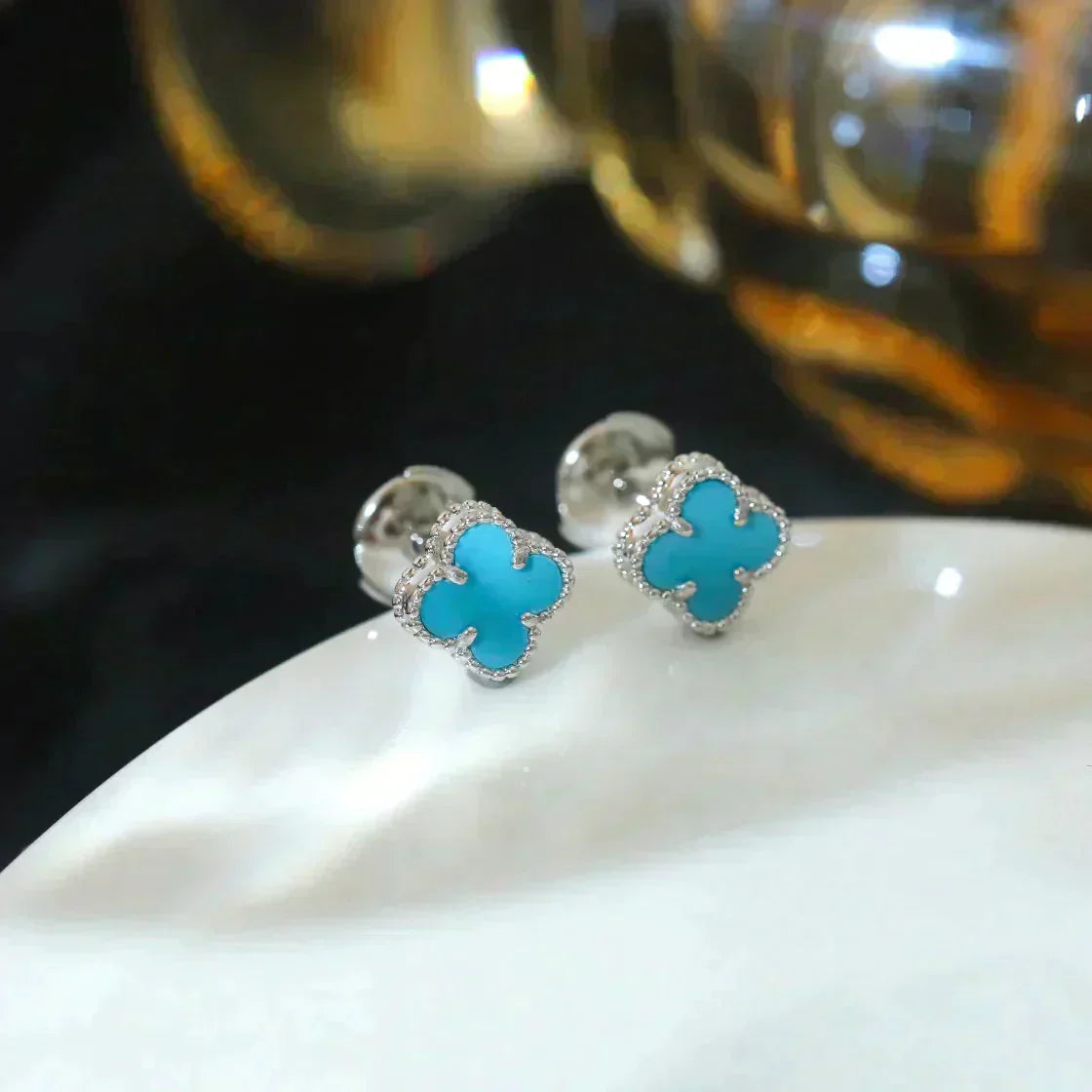 [Luxery]CLOVER MINI 9.5MM ONYX STUD EARRINGS SILVER