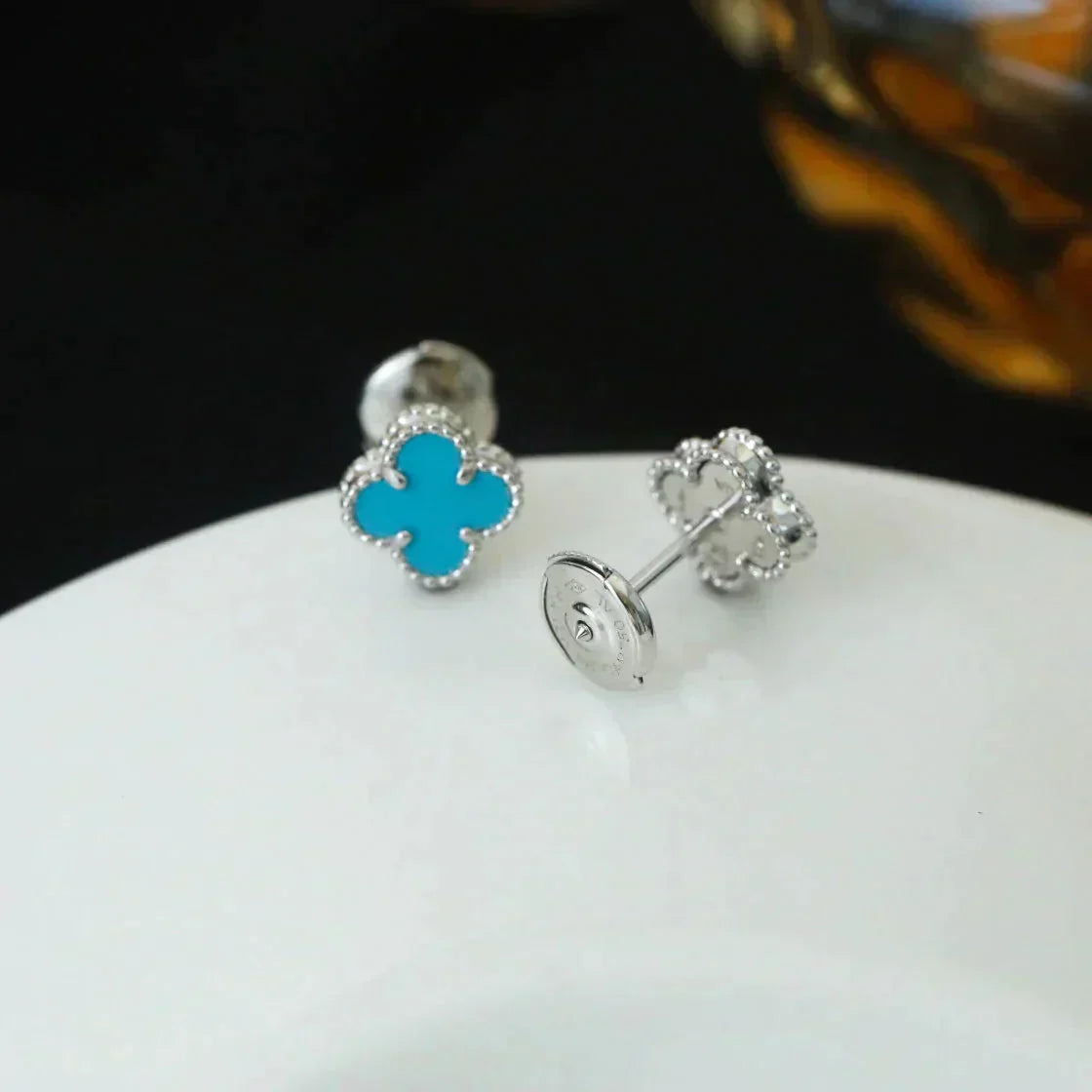 [Luxery]CLOVER MINI 9.5MM ONYX STUD EARRINGS SILVER