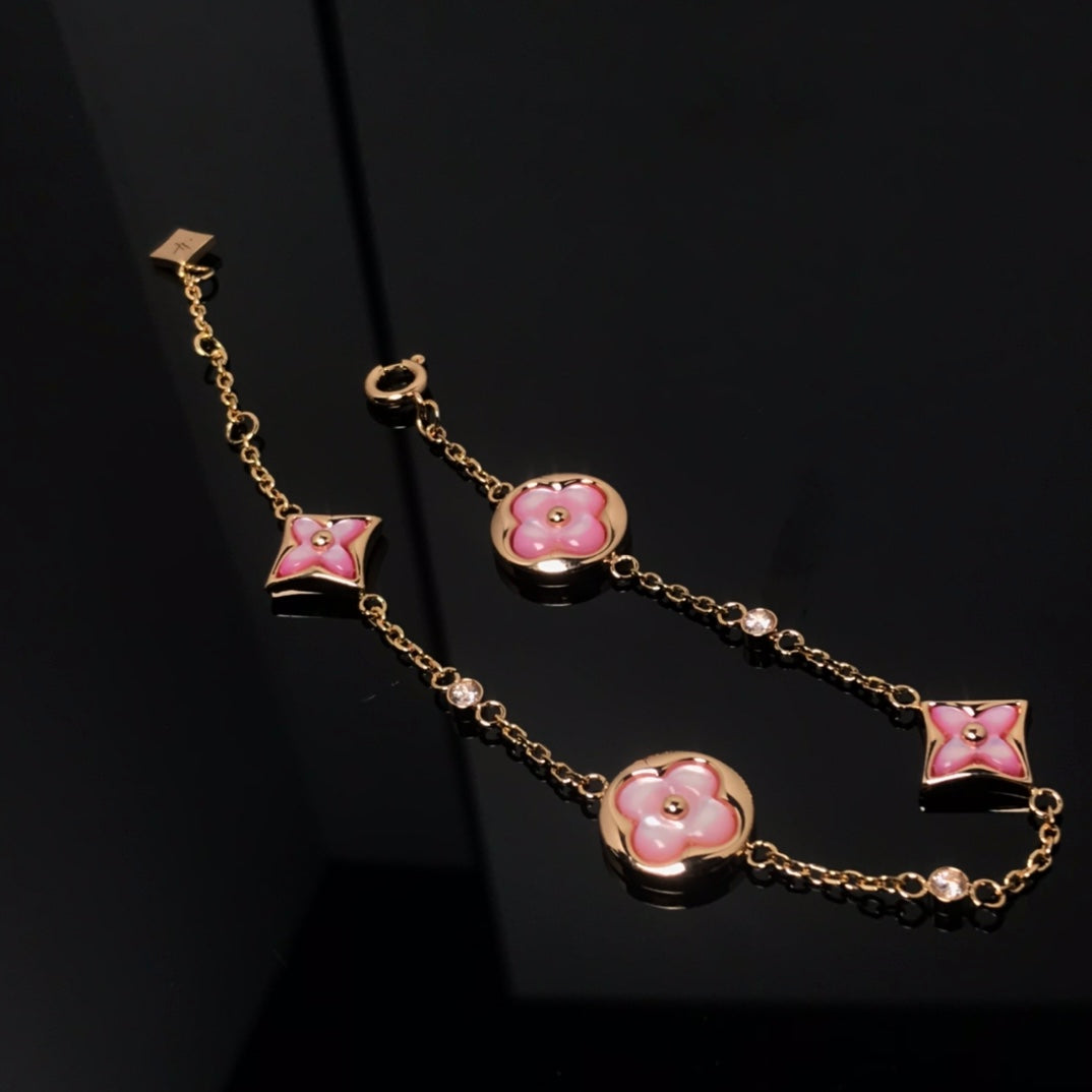 [Luxery]STAR AND SUN 4 MOTIF PINK MOP PINK GOLD BRACELET