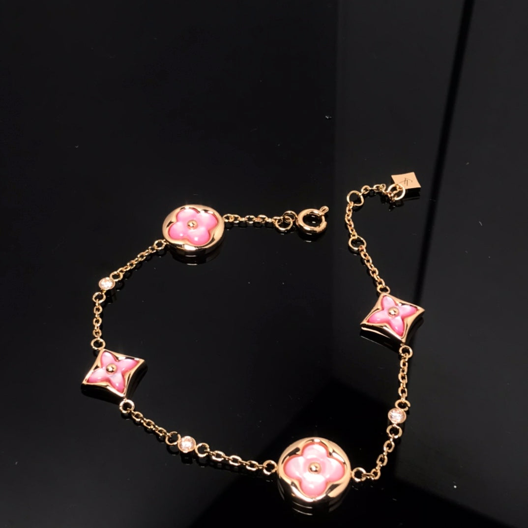 [Luxery]STAR AND SUN 4 MOTIF PINK MOP PINK GOLD BRACELET