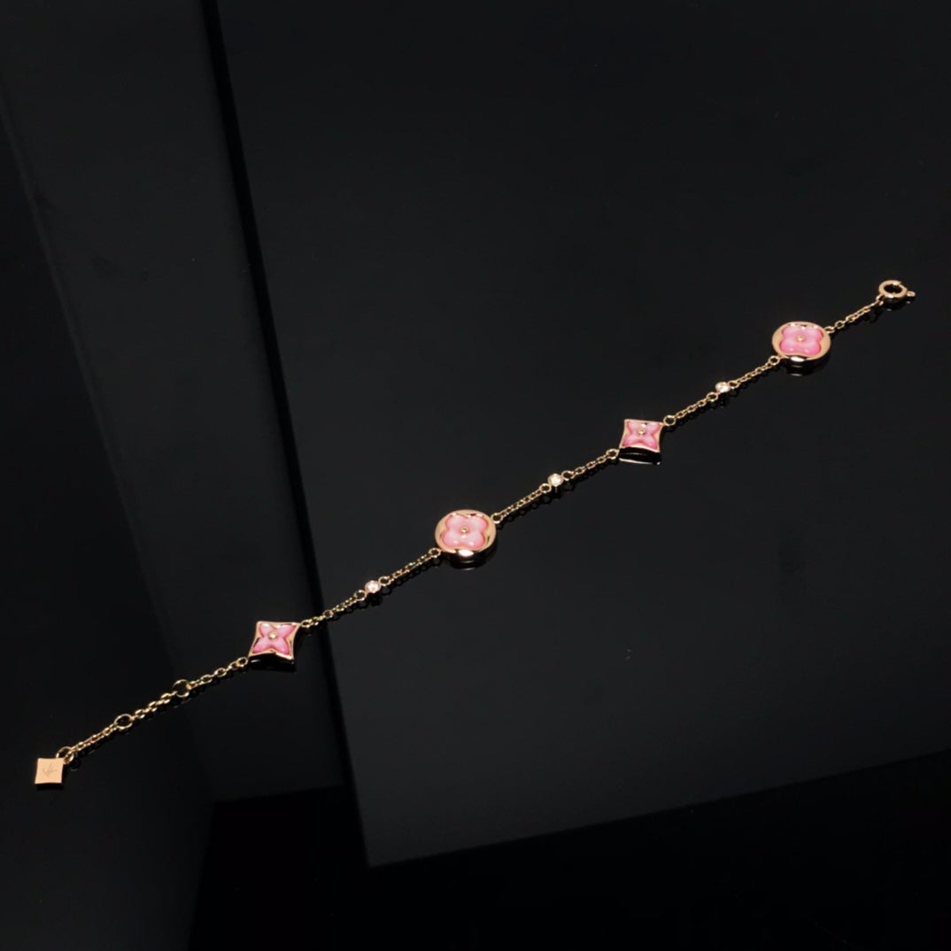 [Luxery]STAR AND SUN 4 MOTIF PINK MOP PINK GOLD BRACELET