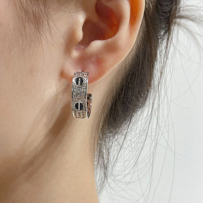 [Luxery]LOVE CERAMIC DIAMOND PAVED SILVER EARRINGS