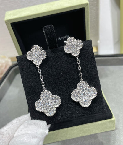 [Luxery]CLOVER 2 MOTIFS DIAMOND PAVED SILVER EARRINGS
