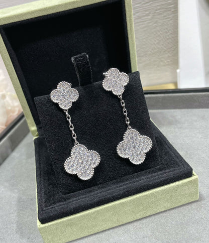 [Luxery]CLOVER 2 MOTIFS DIAMOND PAVED SILVER EARRINGS