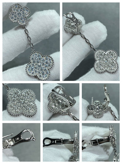 [Luxery]CLOVER 2 MOTIFS DIAMOND PAVED SILVER EARRINGS