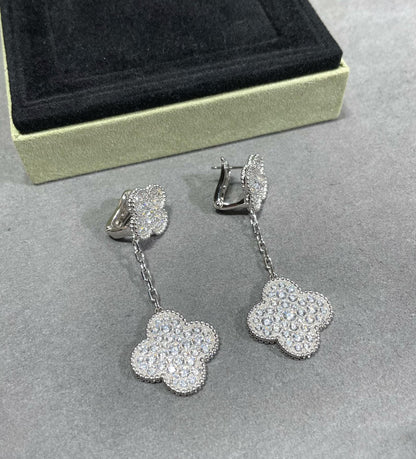 [Luxery]CLOVER 2 MOTIFS DIAMOND PAVED SILVER EARRINGS