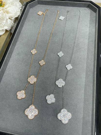 [Luxery]CLOVER 6 MOTIF DIAMOND PAVED NECKLACE