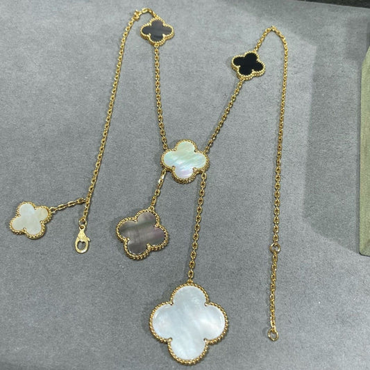 [Luxery]CLOVER 6 MOTIF MOP ONYX GOLD NECKLACE