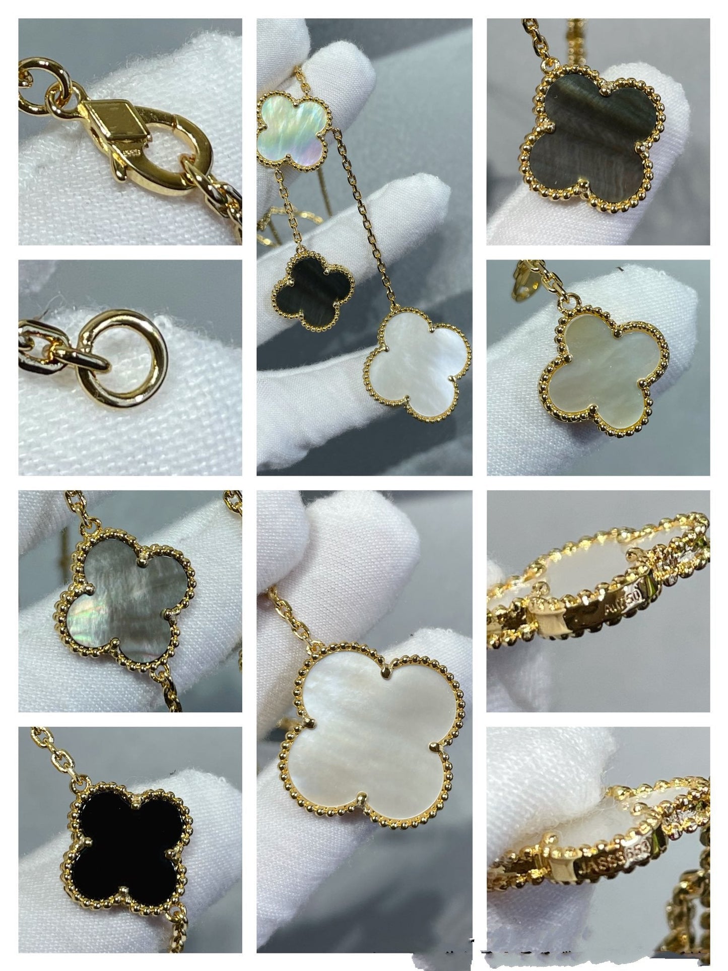 [Luxery]CLOVER 6 MOTIF MOP ONYX GOLD NECKLACE
